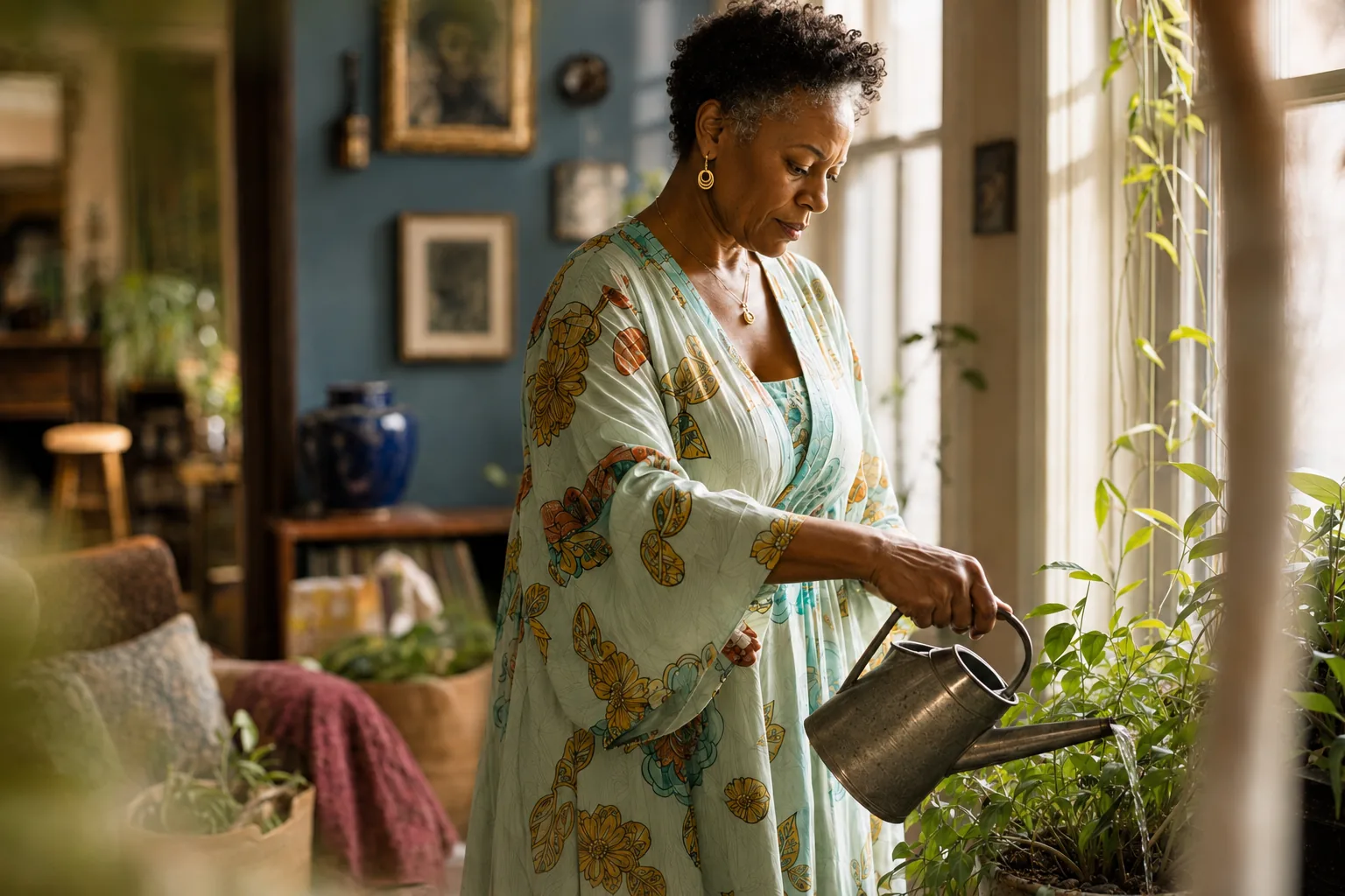 A woman waters houseplants beside a sunlit window.